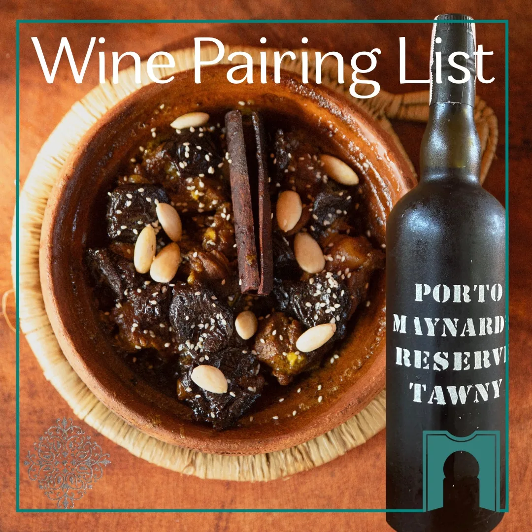 Moroccan prune tajine paired with a tawny port from the Dar Mansour wine pairing list