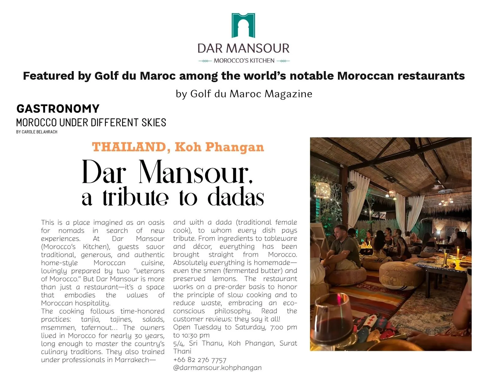 Dar Mansour featured in Golf du Maroc magazine