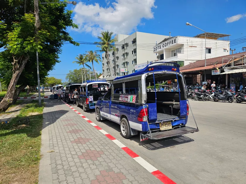 Shared pickup taxis (songthaews) near Thong Sala Pier, Koh Phangan Shared pickup taxis near Thong Sala Pier in Koh Phangan