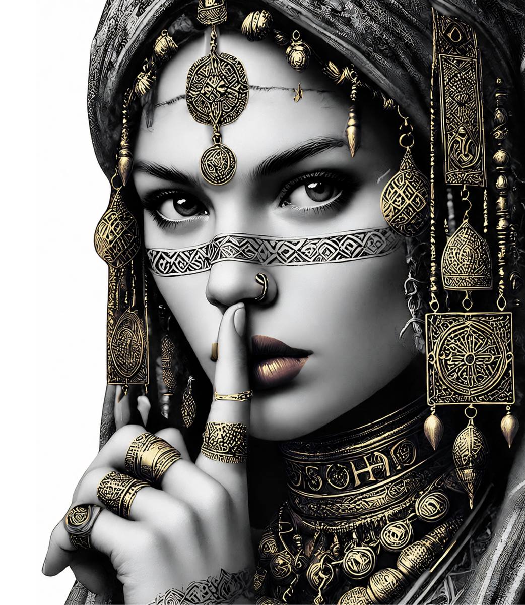 Dar Mansour - Morocco's Kitchen Yto, the Amazigh muse of the Journal with a finger to her lips, artwork by Eden & Beyond, Koh Phangan, Thailand